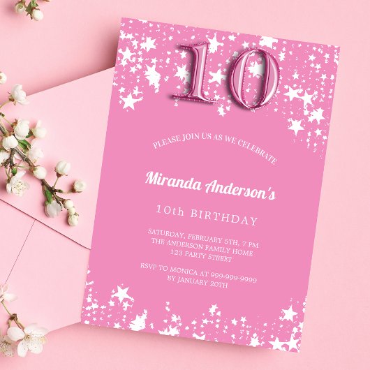 Invitation 10e anniversaire fête rose blanc étoiles fille