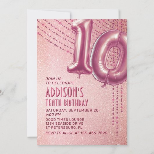Invitation 10e anniversaire filles Rose or (Devant)