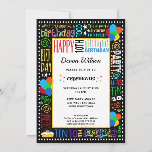 Invitation 10e anniversaire Fun Couleur Crazy Texte sur Black (Devant)