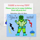 Invitation 10e Anniversaire Garçon Robot Vert et Étoiles de B (Devant / Derrière)