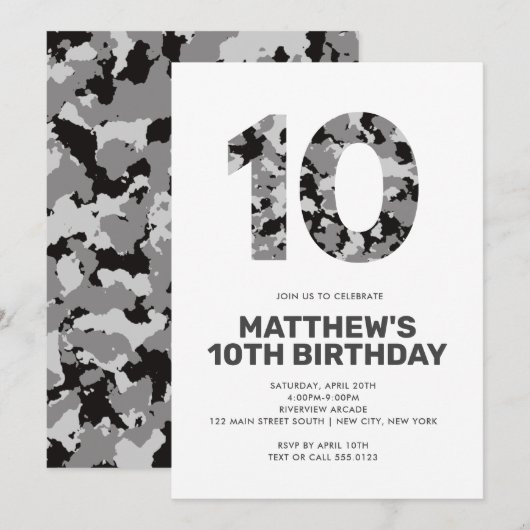 Invitation 10E Anniversaire, Gray Camo Fête personnalisée (Devant / Derrière)