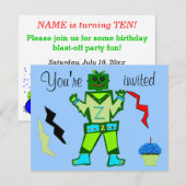 Invitation 10e anniversaire Green Robot Boy et Stars de vaiss (Devant / Derrière)