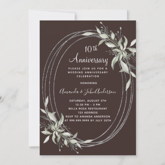 Invitation 10e anniversaire mariage brun bistre verdure (Devant)