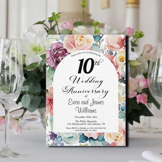 Invitation 10e anniversaire Mariage Élégant script floral