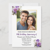 Invitation 10e anniversaire Mariage Gold Frame Roses violets (Devant)