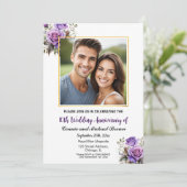 Invitation 10e anniversaire Mariage Gold Frame Roses violets (Debout devant)