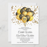 Invitation 10e anniversaire Mariage Or et noir sur blanc<br><div class="desc">Une élégante invitation festive d'or et de ballons noirs sur blanc, 10ème anniversaire mariage avec des ballons d'or et noir et des confettis avec typographie de script blanc contrastant avec le classique sans serif type. Cet invitation a une ambiance festive avec un contraste audacieux et un style moderne. personnaliser pour...</div>