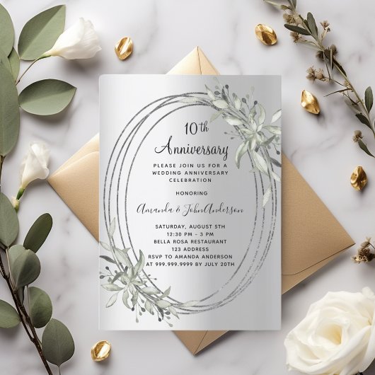 Invitation 10e anniversaire mariage verdure argent