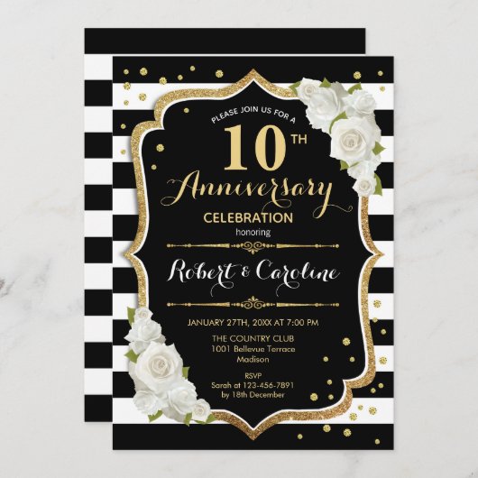Invitation 10e anniversaire - Noir Blanc Or (Devant / Derrière)