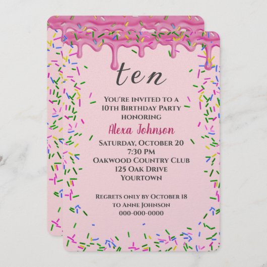 Invitation 10e Anniversaire Pink Icing Et Sprinkles (Devant / Derrière)