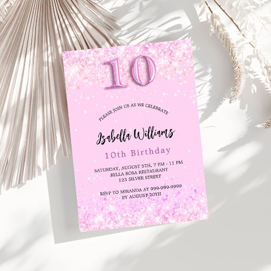 Invitation 10e anniversaire rose confetti fille fête luxe