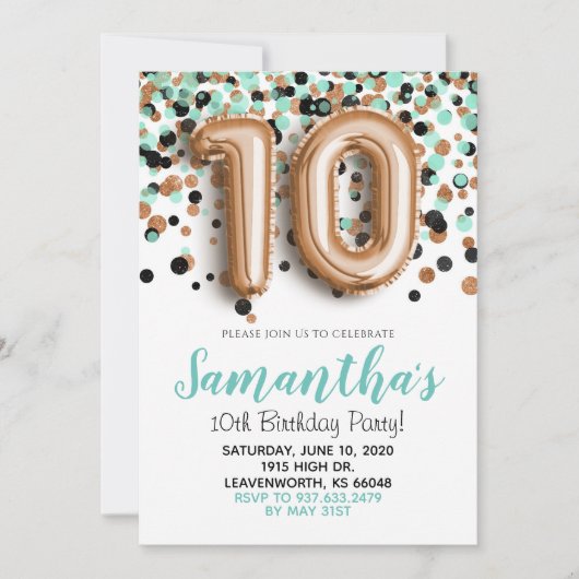 Invitation 10e anniversaire Rose Gold Mint Confetti Invitatio (Devant)