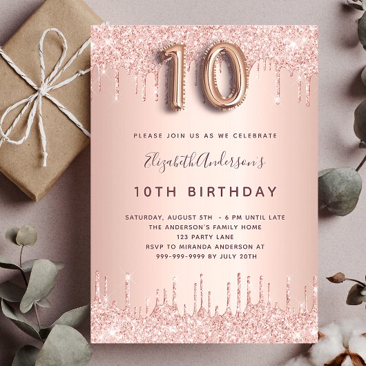 Invitation 10e anniversaire rose gouttes d'or rose glam