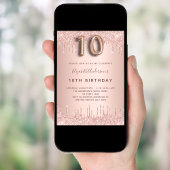 Invitation 10e anniversaire rose gouttes d'or rose glam