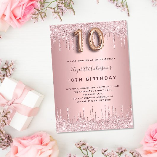 Invitation 10e anniversaire rose poussiéreux parties scintill