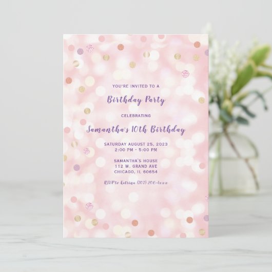 Invitation 10e Anniversaire Violet Rose Or (Debout devant)