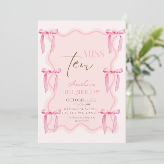 Invitation 10e Dusty Pink Bows Anniversaire Princesse (Debout devant)