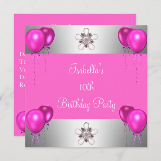 Invitation 10e fête d'anniversaire jolie en ballons roses arg (Devant / Derrière)