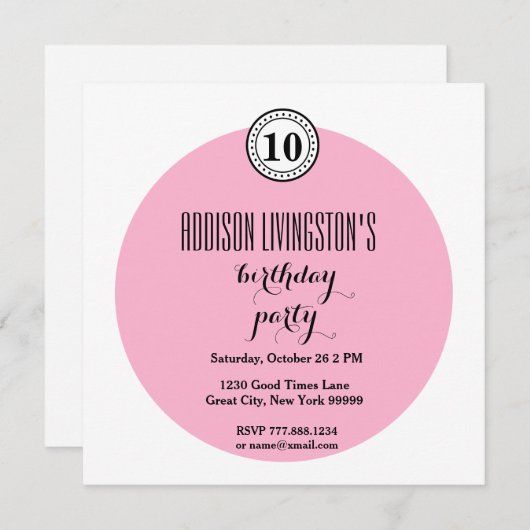 Invitation 10e fête d'anniversaire Modern rose Black Bubble V (Devant / Derrière)