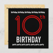 Invitation 10e fête d'anniversaire moderne rouge et noir (Devant / Derrière)