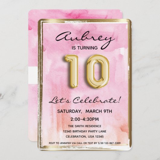 Invitation 10e fille Anniversaire rose et or (Devant / Derrière)