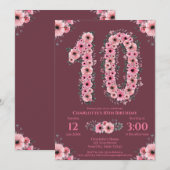 Invitation 10ème grand anniversaire fille Fleurs roses Fleurs (Devant / Derrière)