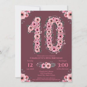 Invitation 10ème grand anniversaire fille Fleurs roses Fleurs