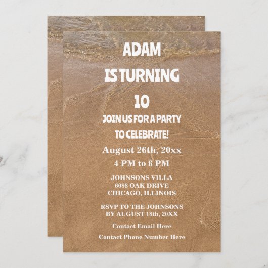 Invitation 10th Birthday Party Ocean Sandy Beach Custom Age (Devant / Derrière)