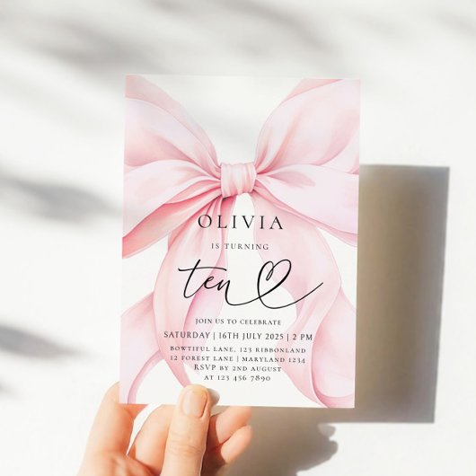 Invitation 10th Birthday Pink Bow Party