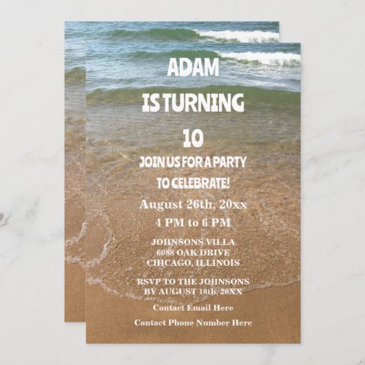 Invitation 10th Birthday Tenth Ocean Sandy Beach Party Custom (Devant / Derrière)