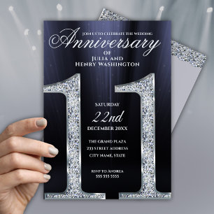 Invitation 11e Anniversaire Diamant Argent Années Bleu Foncé