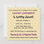 Invitation 11e anniversaire fête violet et pêche Pois (Dos)