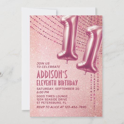 Invitation 11e anniversaire filles Rose or (Devant)