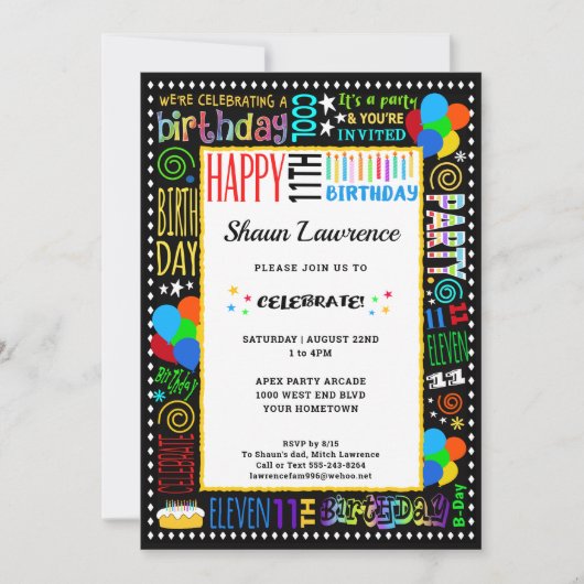 Invitation 11e anniversaire Fun Couleur Crazy Texte sur Black (Devant)