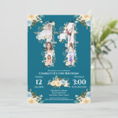 Invitation 11e anniversaire Photo Collage Fleur Jaune Turquoi (Debout devant)