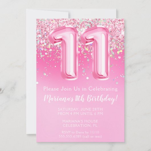 Invitation 11e Anniversaire rose Fille Parties sci (Devant)