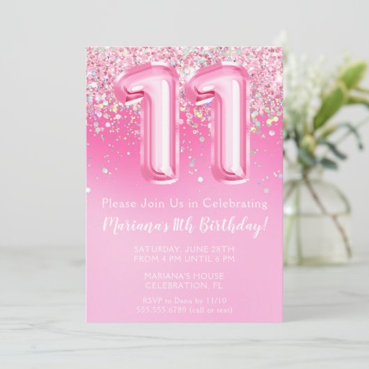Invitation 11e Anniversaire rose Fille Parties sci (Debout devant)
