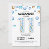 Invitation 11e fête d'anniversaire, Bleu et Ballons d'or (Devant)