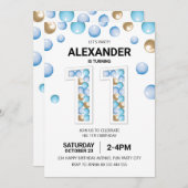 Invitation 11e fête d'anniversaire, Bleu et Ballons d'or (Devant / Derrière)