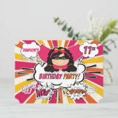 Invitation 11e fête d'anniversaire filles Superhero Pink Comi (Debout devant)