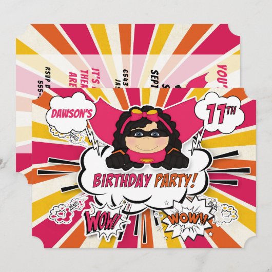 Invitation 11e fête d'anniversaire filles Superhero Pink Comi (Devant / Derrière)