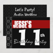 Invitation 11e fête d'anniversaire moderne rouge noir et blan (Devant / Derrière)