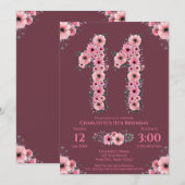 Invitation 11e grand anniversaire fille Fleurs roses Fleurs v (Devant / Derrière)