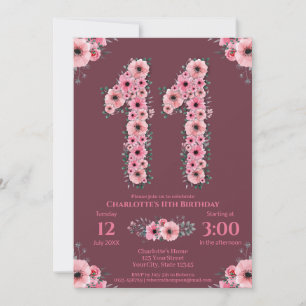 Invitation 11e grand anniversaire fille Fleurs roses Fleurs v