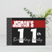 Invitation 11ème Noir et blanc rouge moderne de fête (Debout devant)