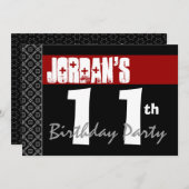 Invitation 11ème Noir et blanc rouge moderne de fête (Devant / Derrière)