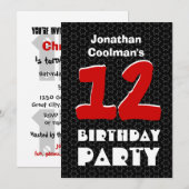 Invitation 12e anniversaire Ado moderne Black White Stars W03 (Devant / Derrière)