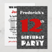 Invitation 12e anniversaire Ado moderne Motif noir et blanc (Devant / Derrière)