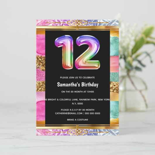 Invitation 12e anniversaire arc-en-ciel parties scintillant f (Debout devant)