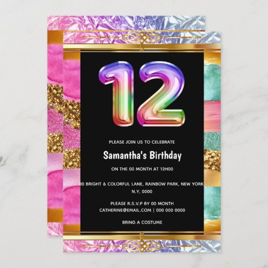 Invitation 12e anniversaire arc-en-ciel parties scintillant f (Devant / Derrière)